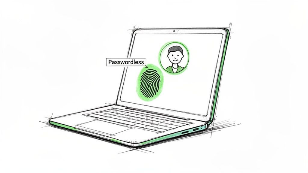A sketch of a laptop displaying a fingerprint scan and user icon for passwordless authentication.