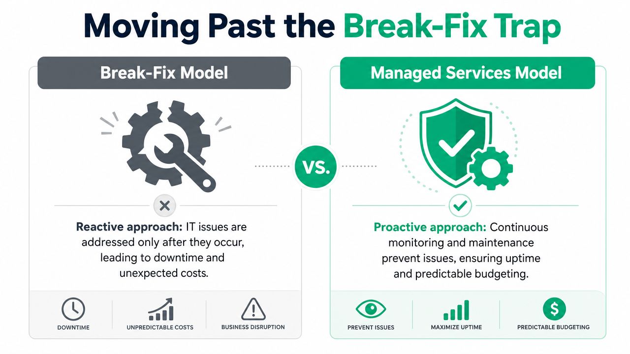 A comparison infographic between the reactive Break-Fix IT model and the proactive Managed Services IT model.