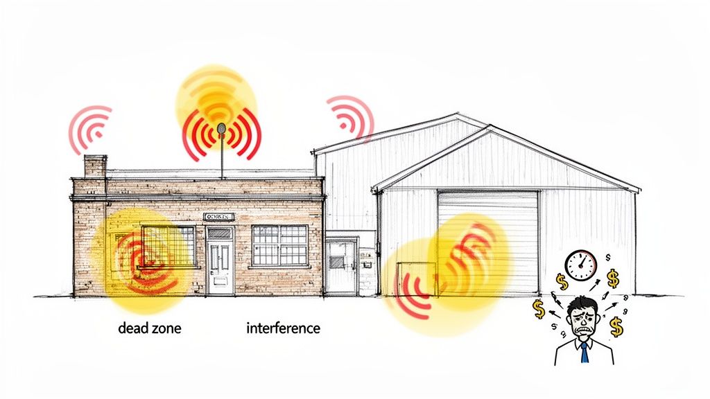 An illustration depicting wireless signal issues like dead zones and interference in a building, causing stress and financial loss.