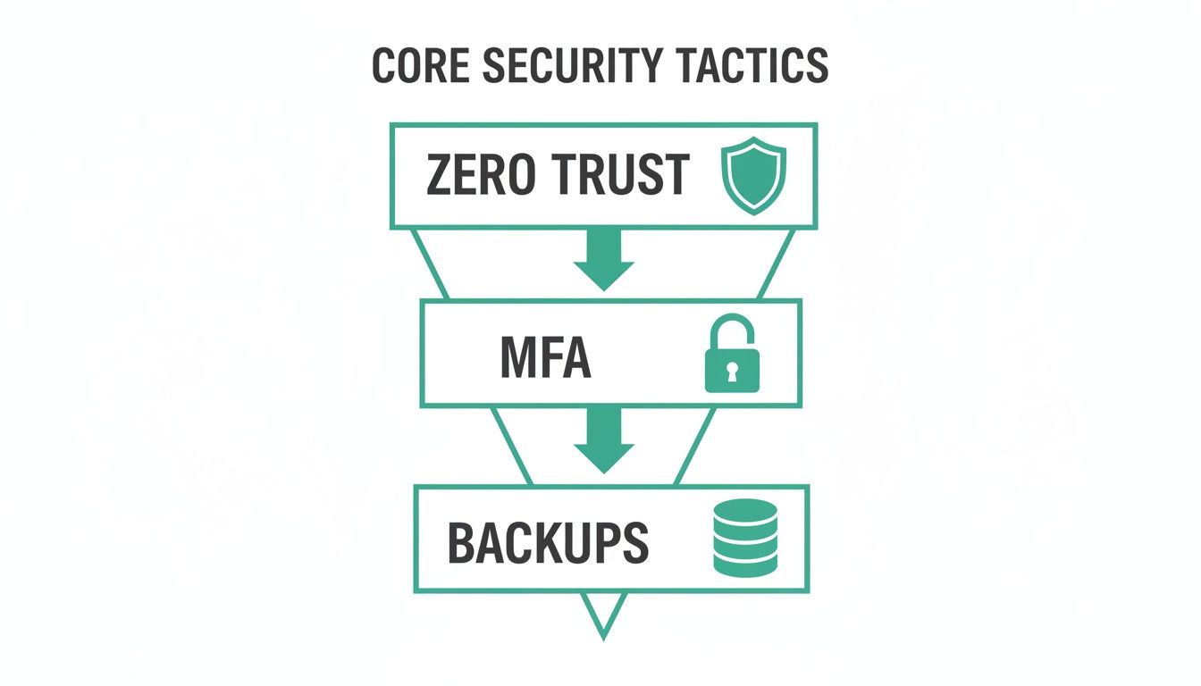 A funnel diagram showing core security tactics: Zero Trust, MFA, and Backups, with relevant icons.