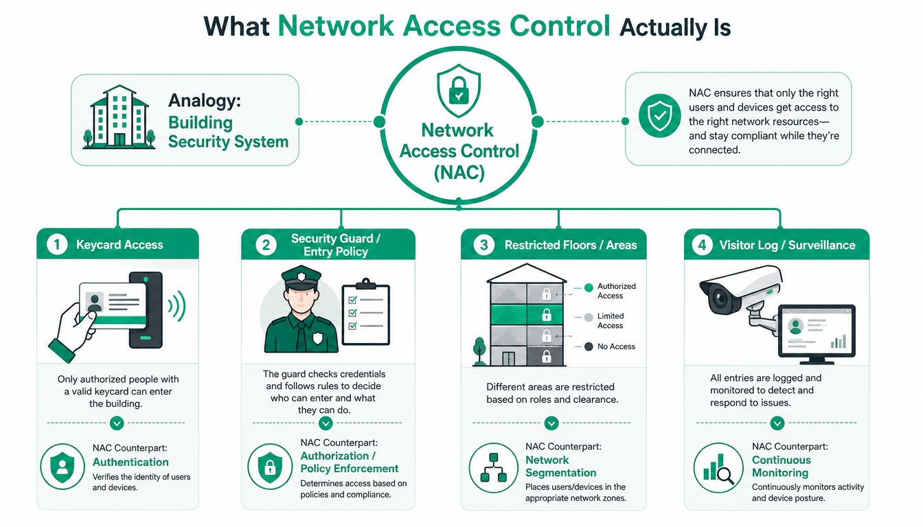 A diagram explaining network access control using a building security system analogy for business network protection.