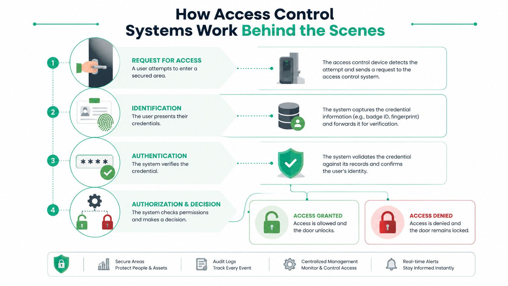 A diagram illustrating the four-step process of how electronic access control systems verify and manage building entry.