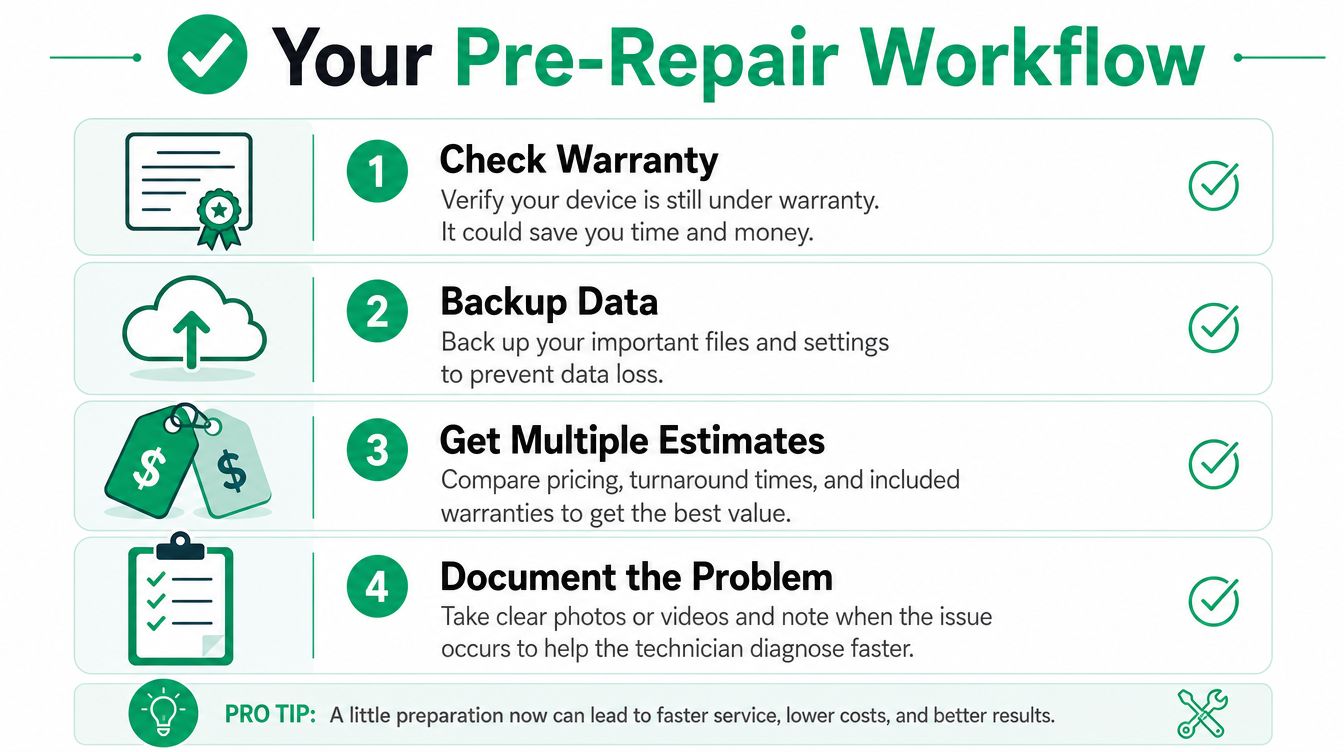 An infographic showing a four-step pre-repair workflow for electronic devices to ensure faster service and lower costs.