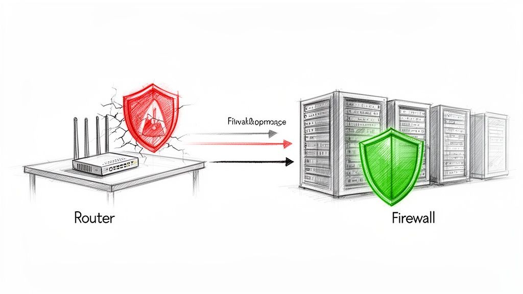 Illustration showing a vulnerable router sending data to servers secured by a green firewall shield.