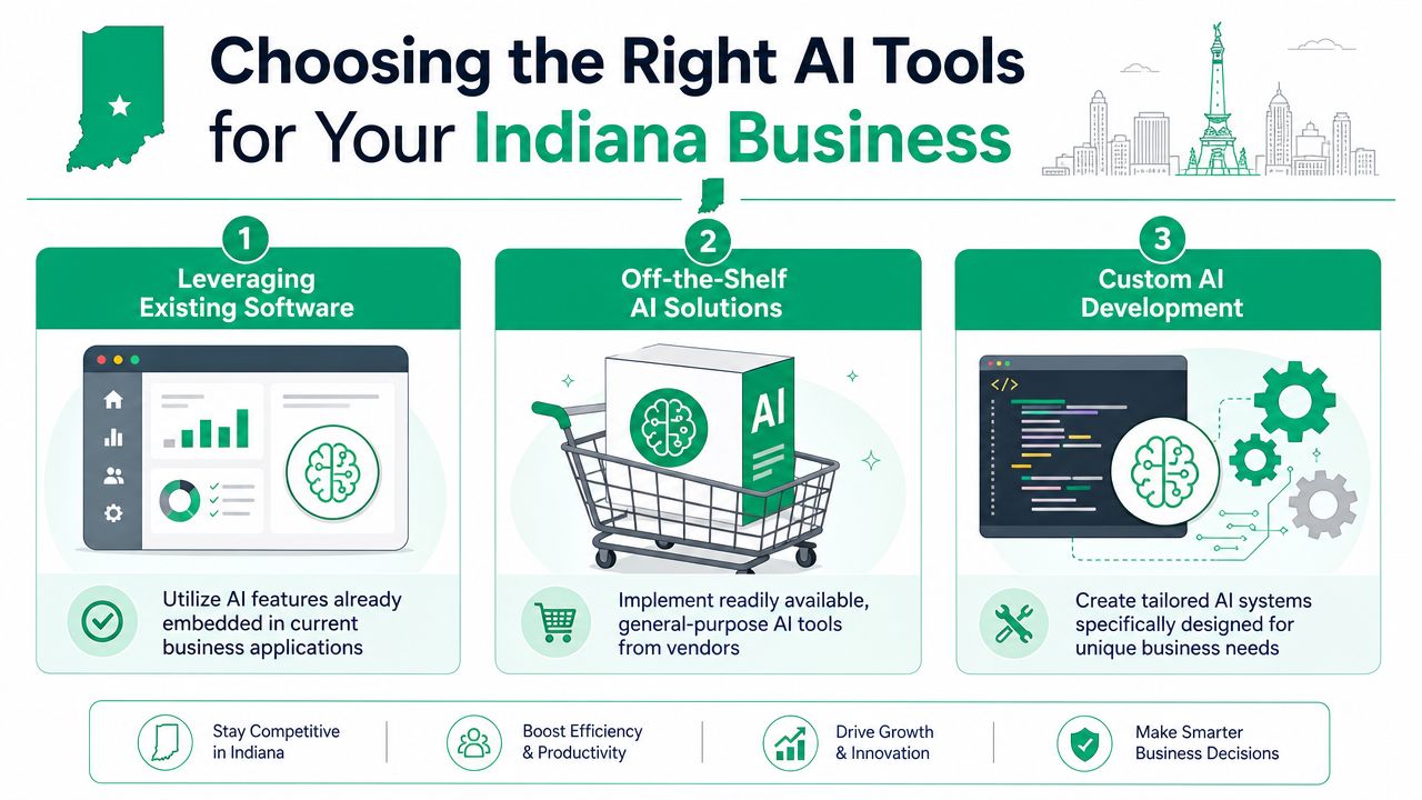 An infographic illustrating three strategies for implementing AI tools within Indiana-based businesses to improve operational efficiency.