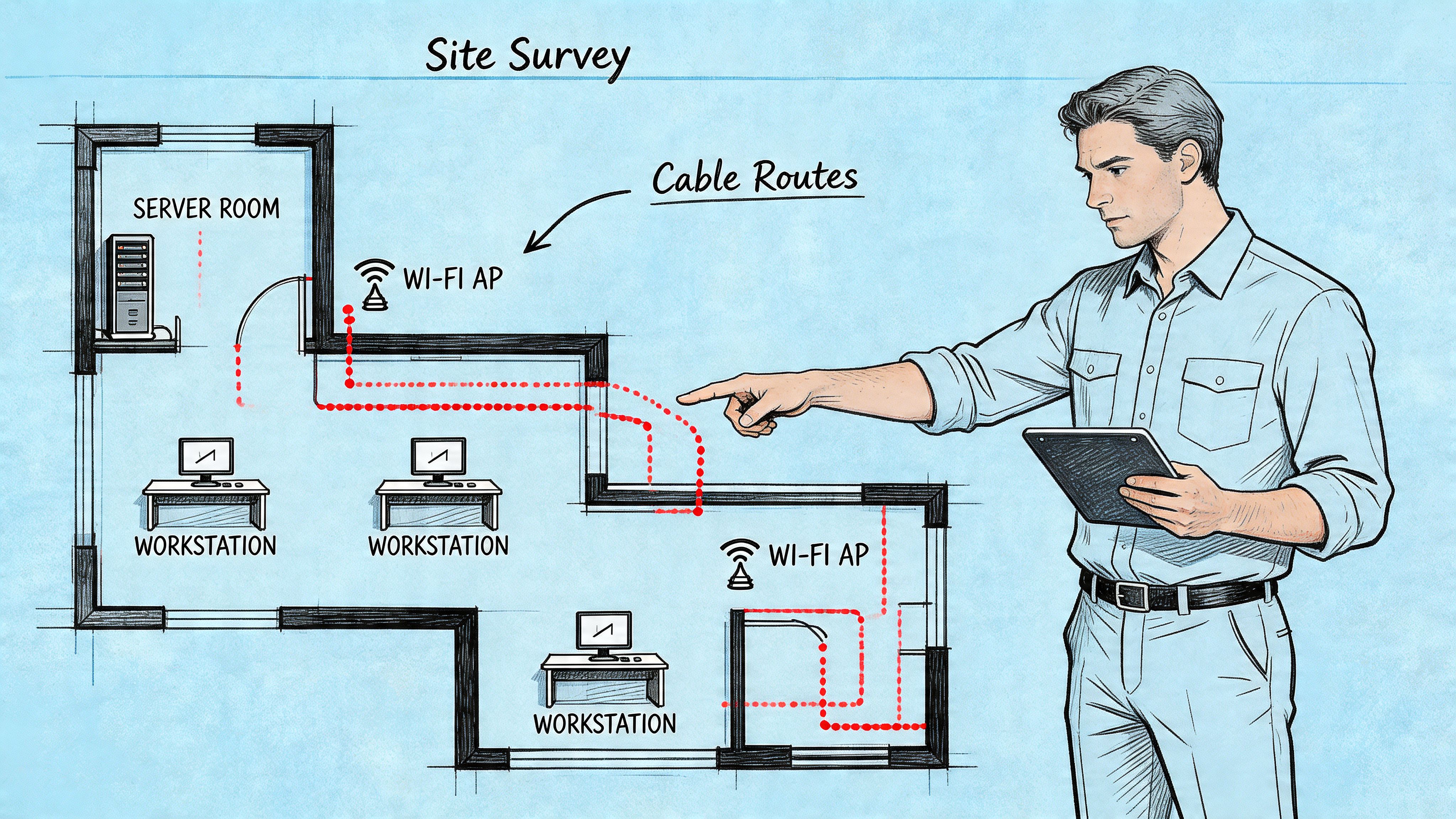 A technician examining a blueprint showing networking cable routes between a server room, workstations, and Wi-Fi access points.
