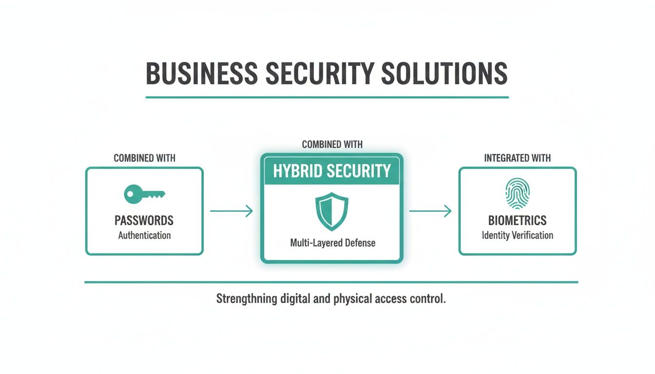 Diagram showing business security solutions combining passwords, hybrid security, and biometrics for access control.