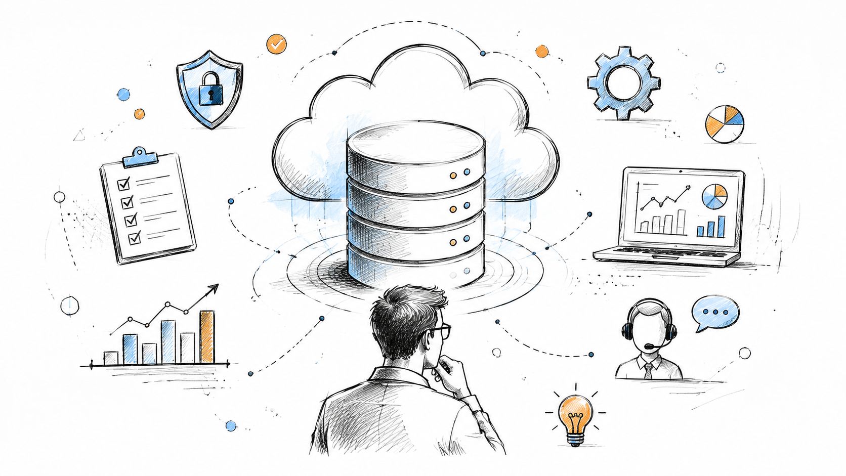 A professional analyzing data services in the cloud, surrounded by icons of security, analytics, and customer support.