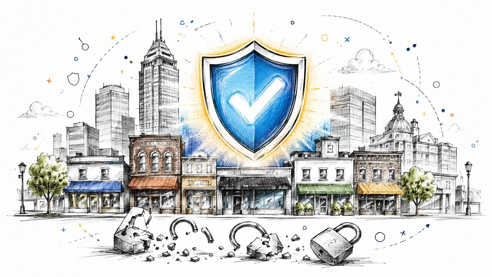A conceptual illustration of a city shielded by a security icon, representing digital protection and cybersecurity.