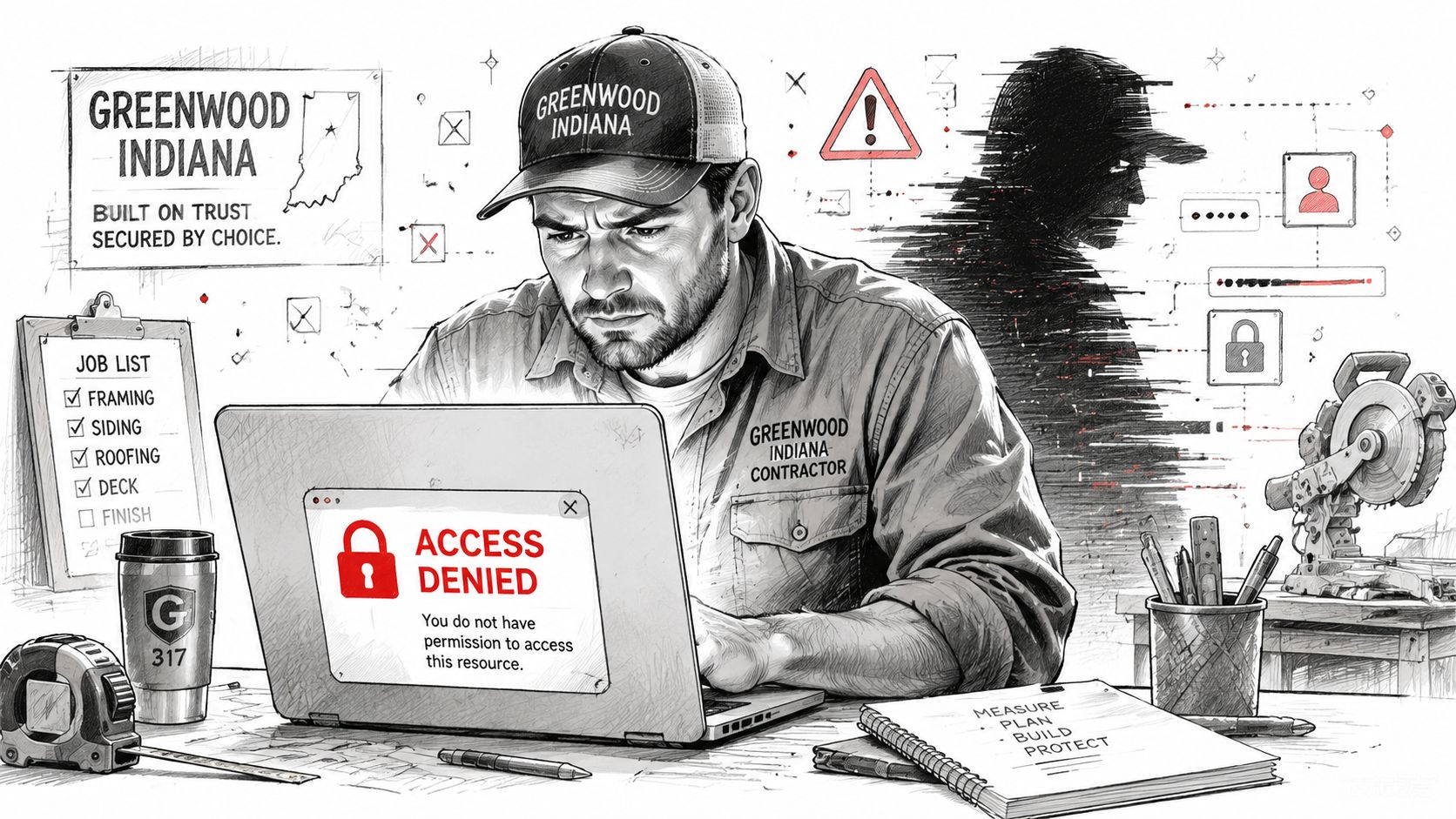 A contractor in Greenwood, Indiana looking concerned at a laptop displaying an access denied security error message.