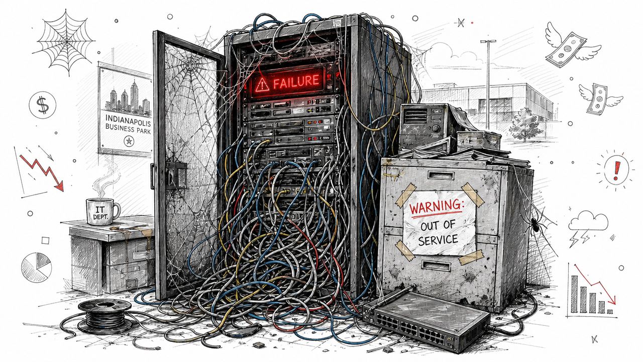 A chaotic server rack with tangled cables, web covered, labeled with a failure warning in an office.
