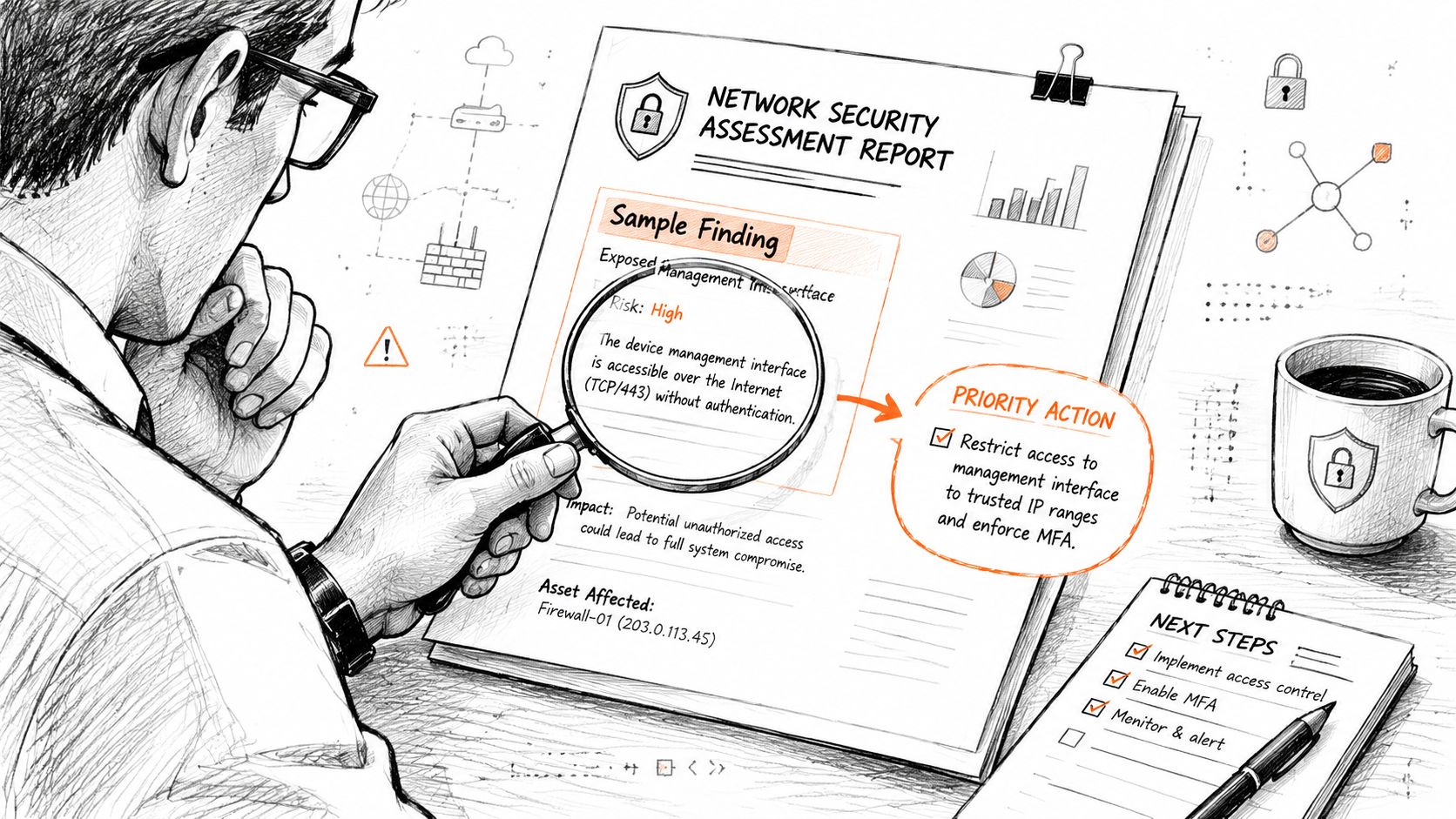 A professional analyzing a Network Security Assessment Report with a magnifying glass to identify critical vulnerabilities.
