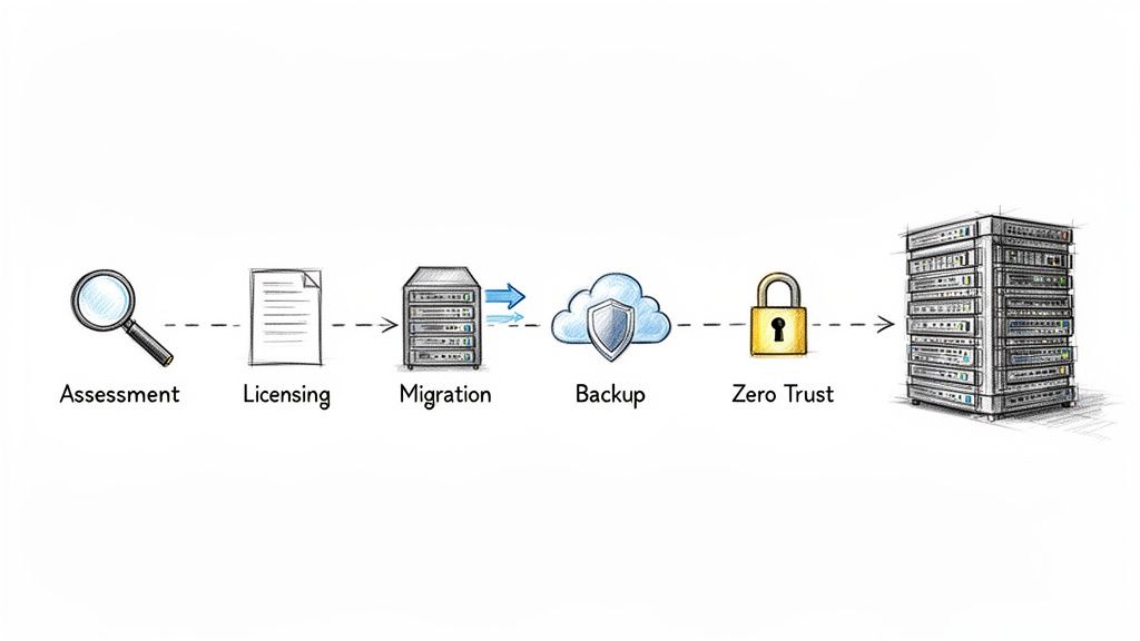 A diagram showing a data management process: Assessment, Licensing, Migration, Backup, and Zero Trust for servers.