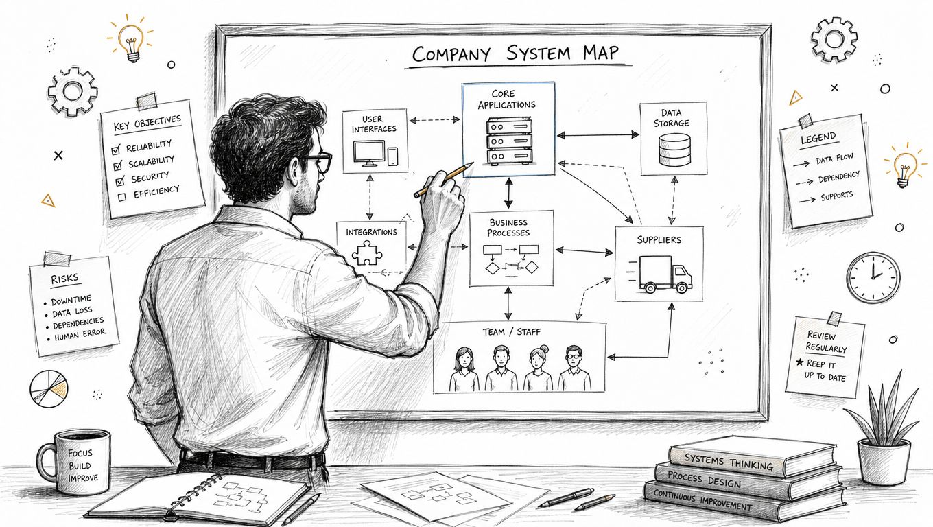 A man in a shirt drawing a complex company system map on a whiteboard in an office.