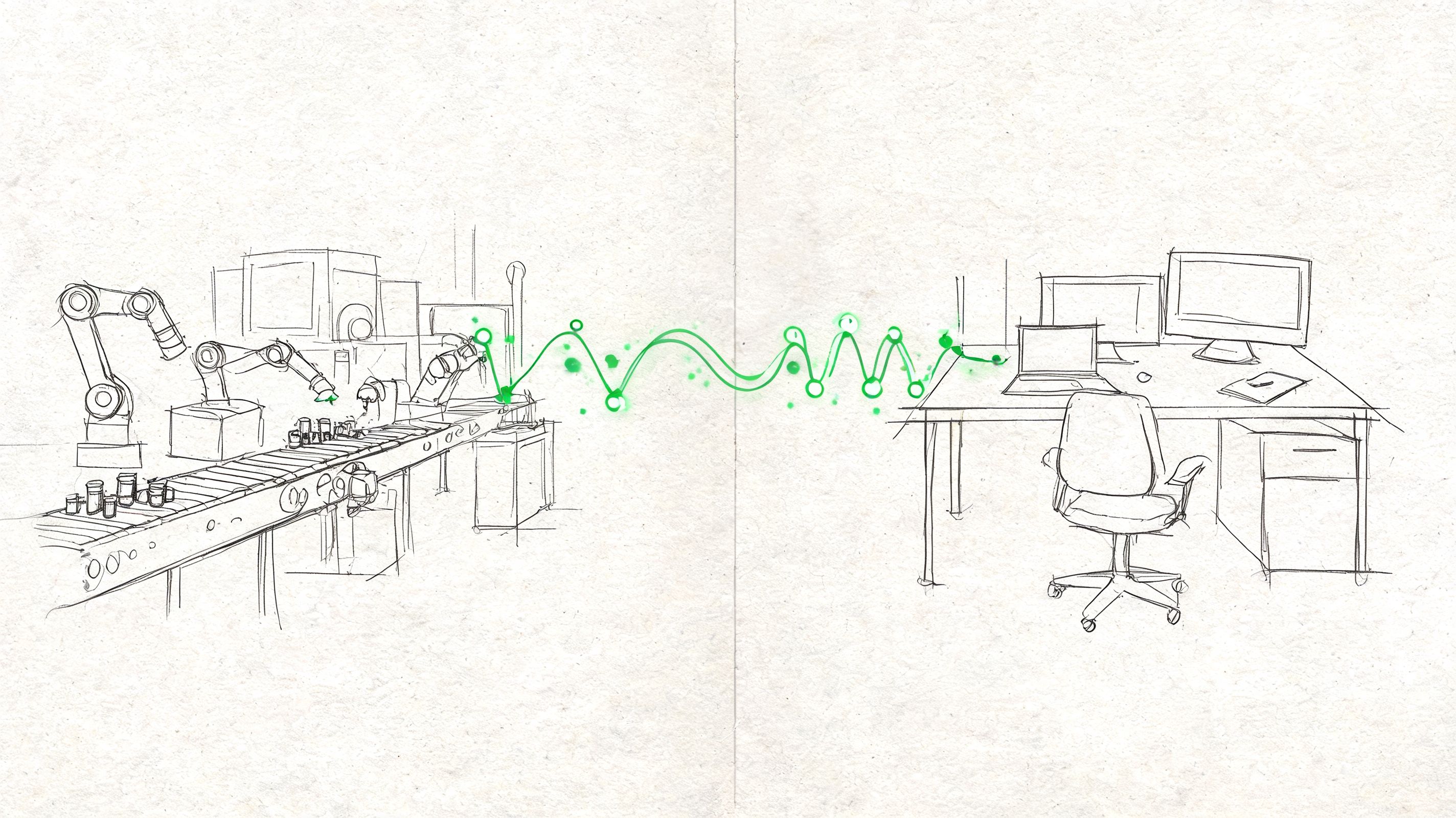A conceptual sketch illustrating the connection between factory robotics on a conveyor belt and an office workstation.