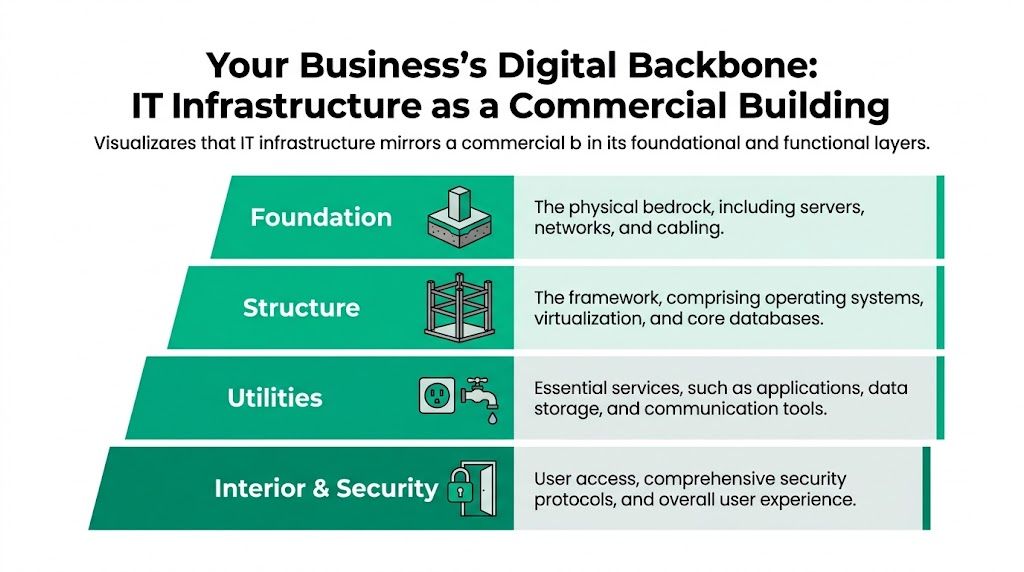 A pyramid diagram showing the four layers of business IT infrastructure compared to a commercial building's structure.