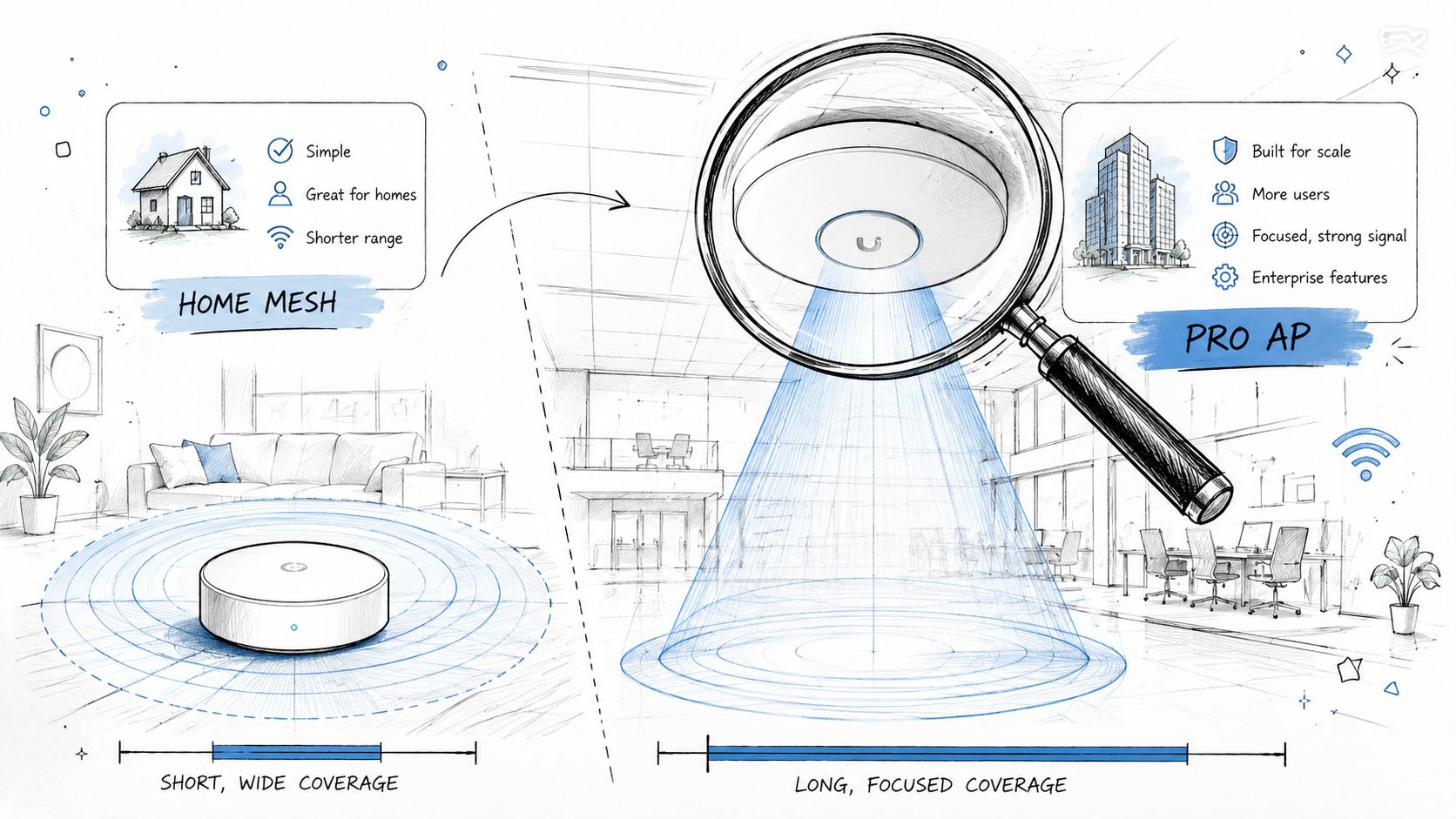 A hand-drawn illustration comparing home mesh networking with enterprise-grade pro access points for wireless coverage.