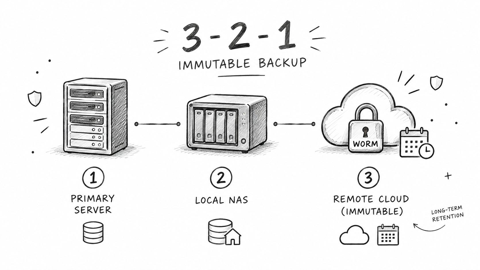 A diagram illustrating the 3-2-1 backup strategy featuring primary servers, local NAS storage, and immutable cloud backups.