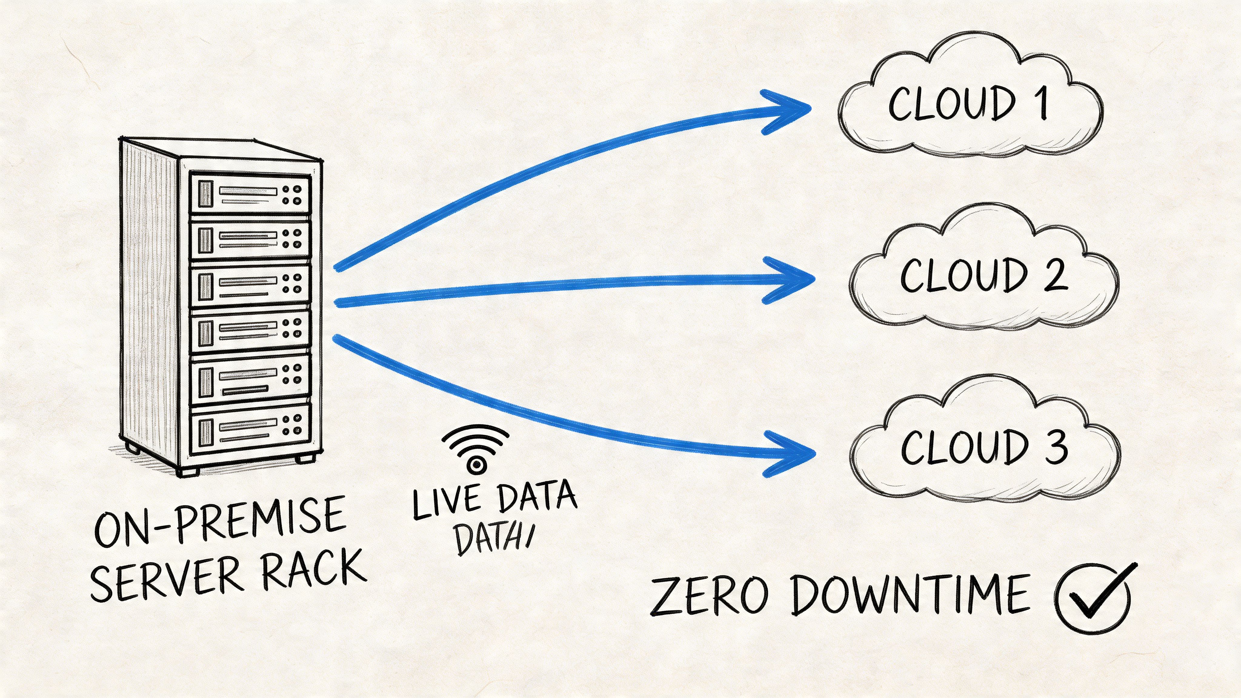 A diagram illustrating data streaming from an on-premise server rack to three different cloud computing platforms.