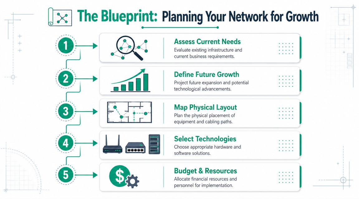 A five-step planning infographic titled The Blueprint for building a scalable and efficient business network infrastructure.
