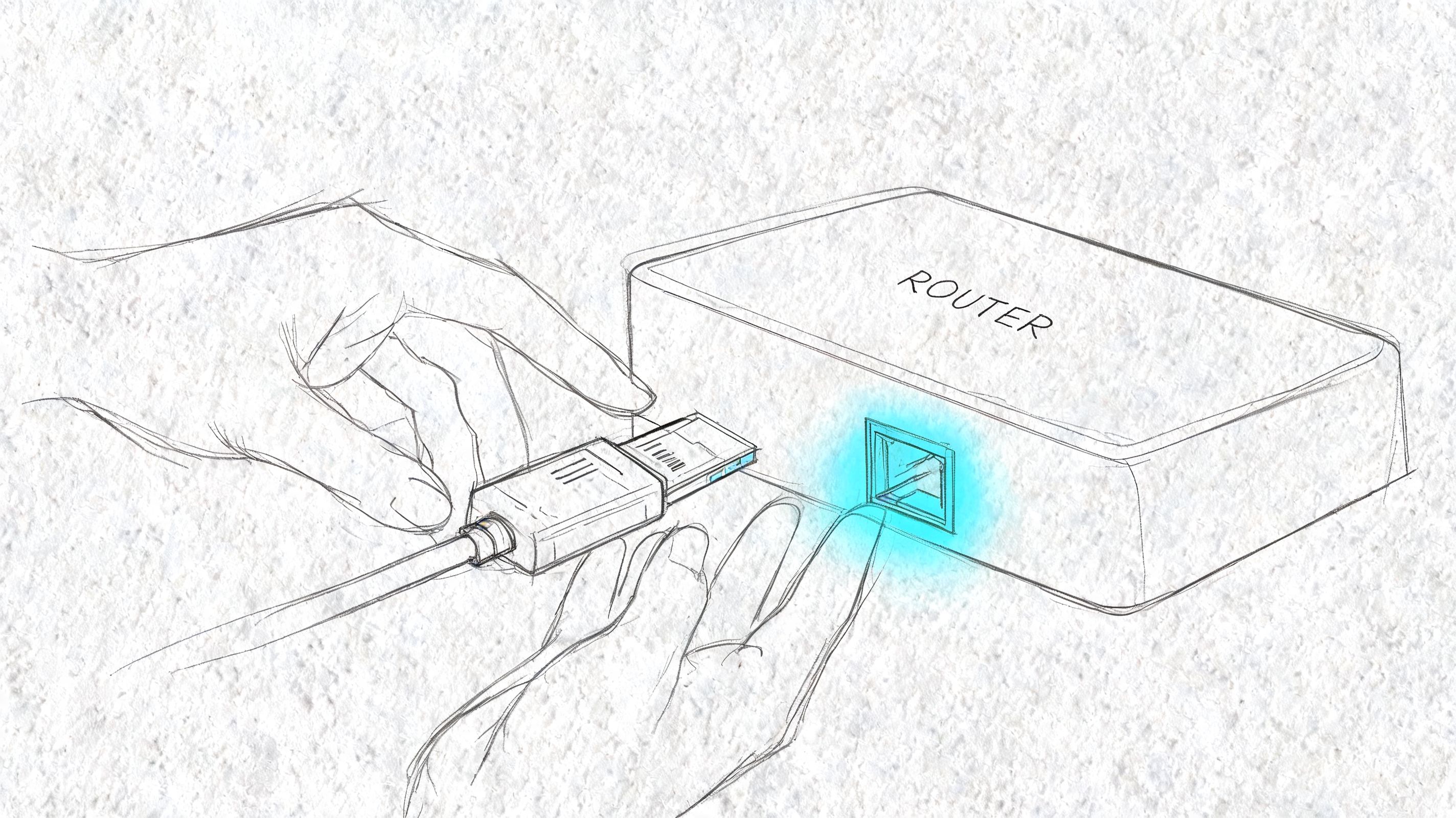 An illustrative sketch showing a hand plugging a network cable into the ethernet port of a router.