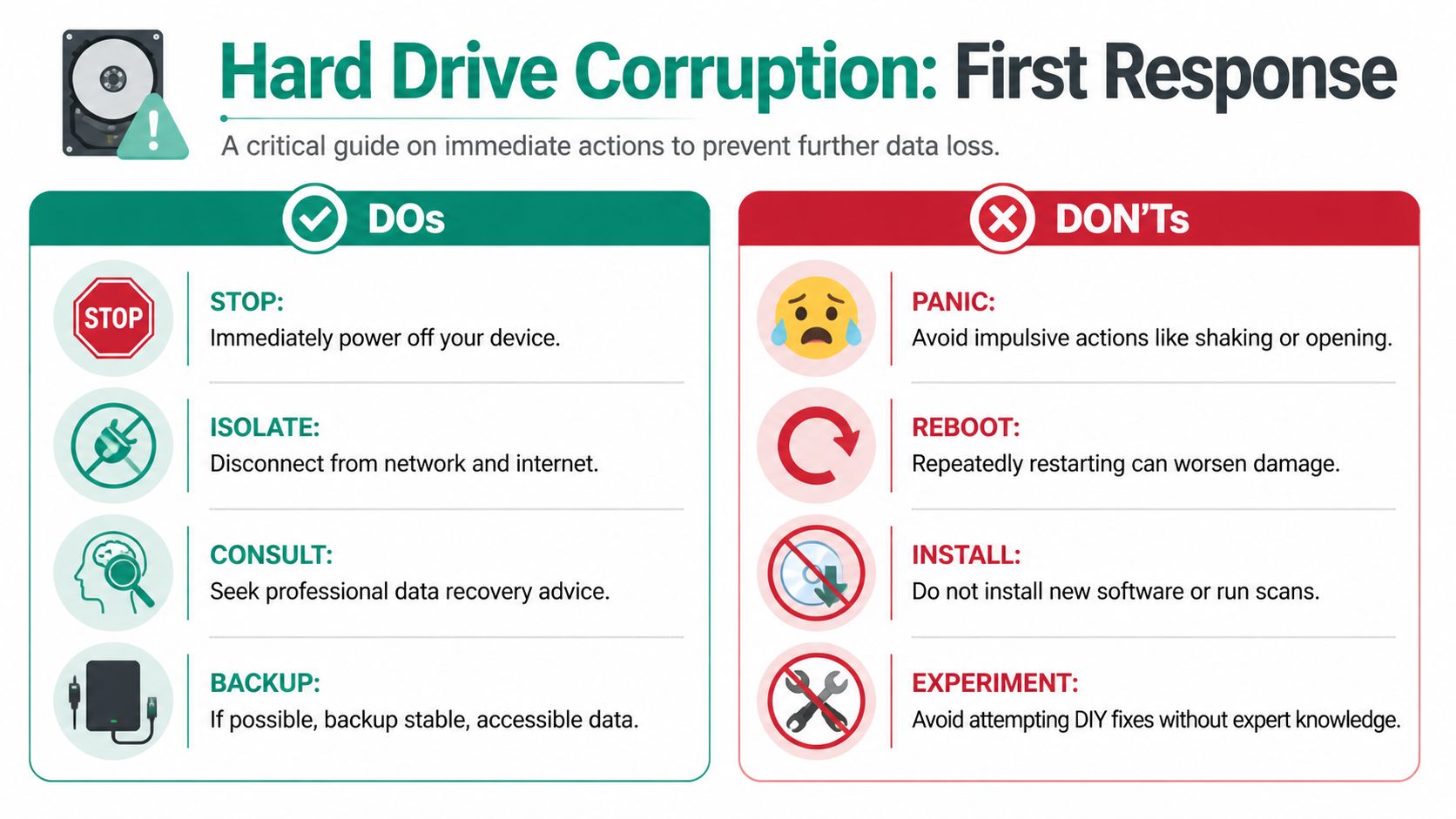 An infographic detailing essential steps and common mistakes to avoid when managing a corrupted hard drive.