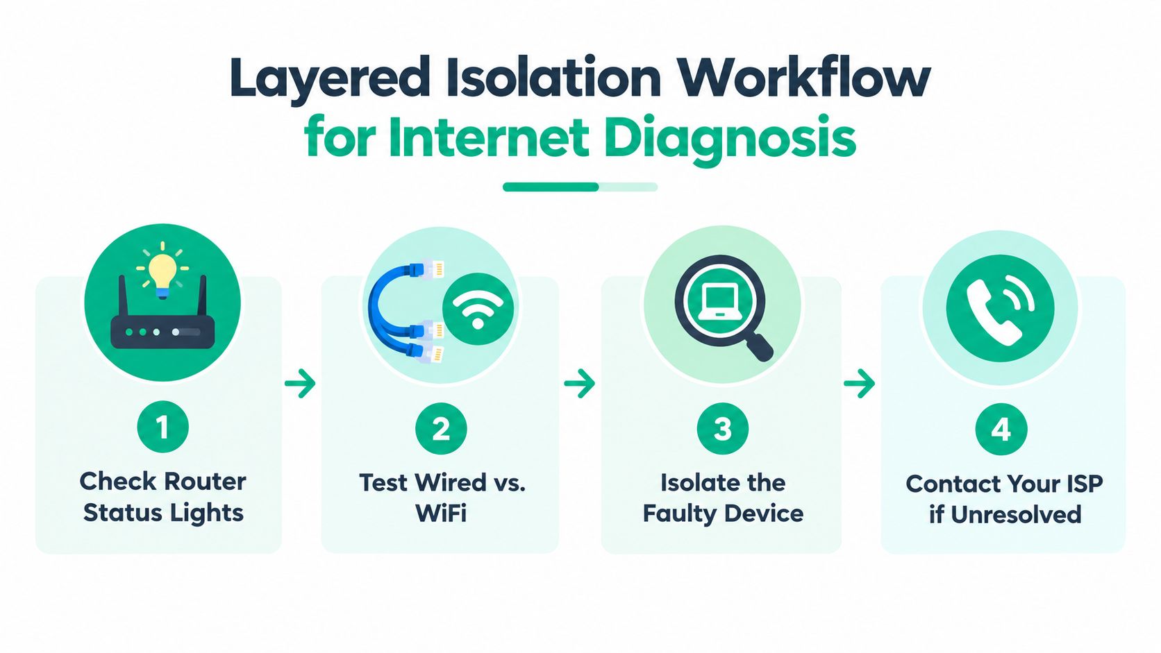A four-step infographic illustrating a layered isolation workflow for troubleshooting and diagnosing home internet connection issues.