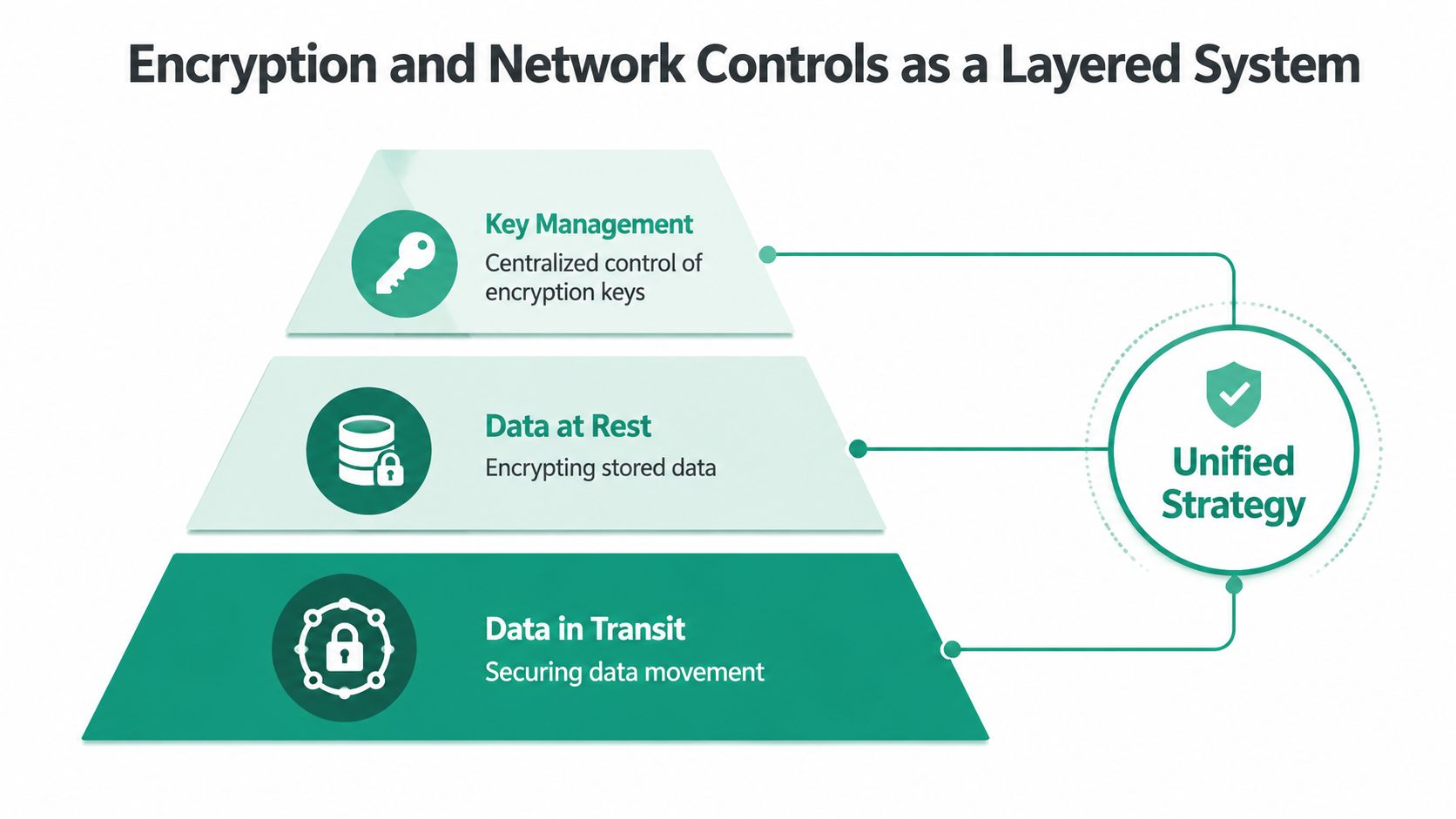 A diagram illustrating a layered approach to encryption and network security with a unified strategy circle.