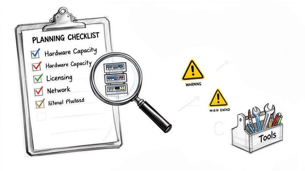A planning checklist for server virtualization, showing hardware, licensing, network, magnifying glass, warning signs, and a toolbox.