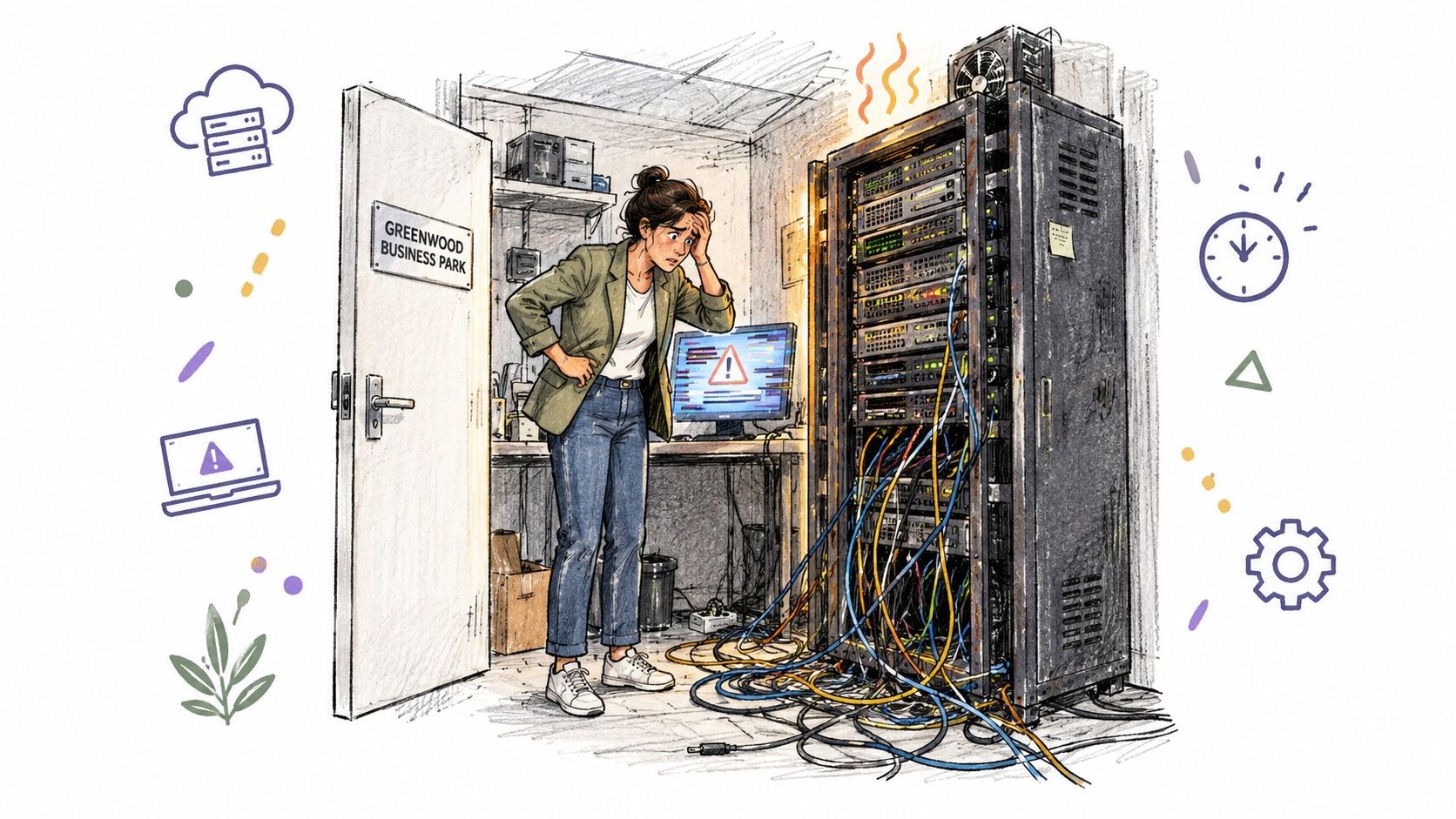 A frustrated IT professional stands in a server room looking at an overheated, malfunctioning computer rack.