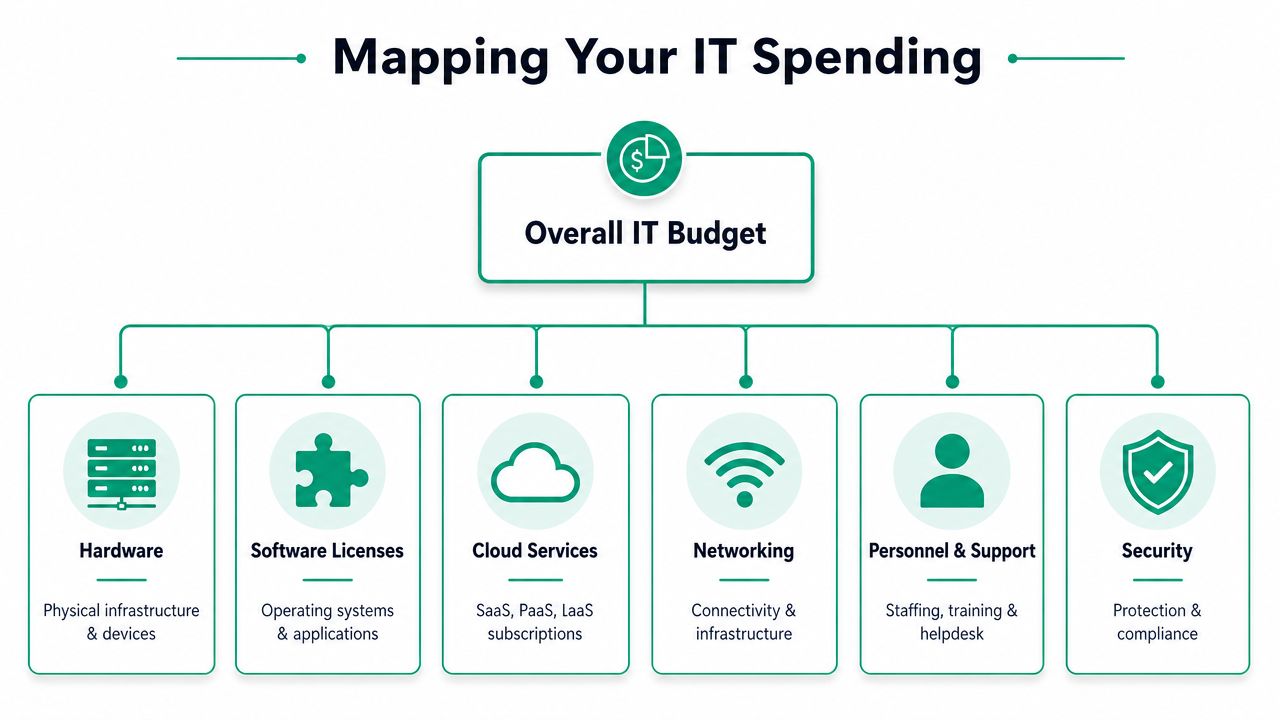 A diagram mapping the various components of an overall IT budget, including hardware, software, and security costs.