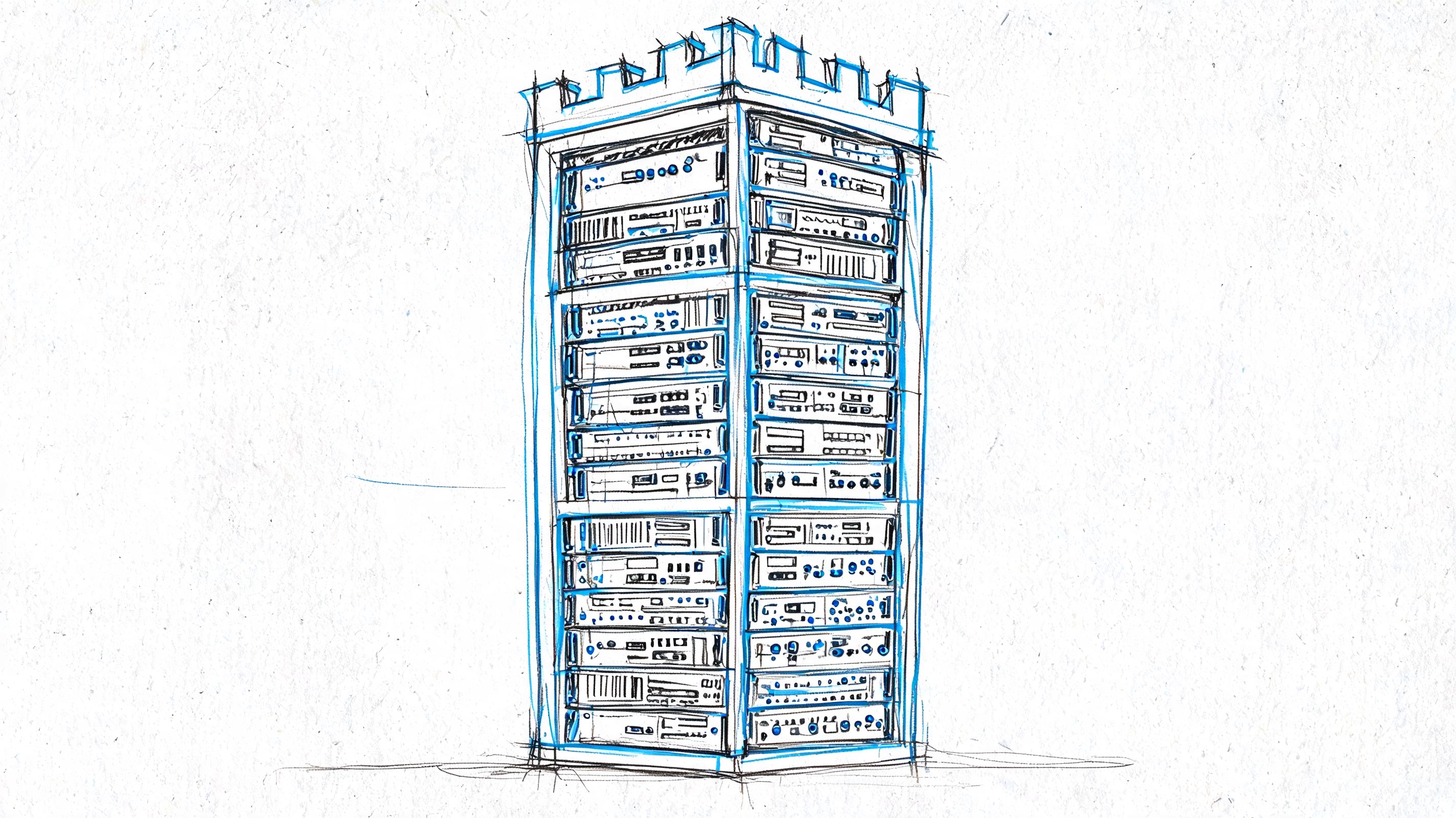 A digital sketch of a server rack designed like a castle tower, representing secure data storage.