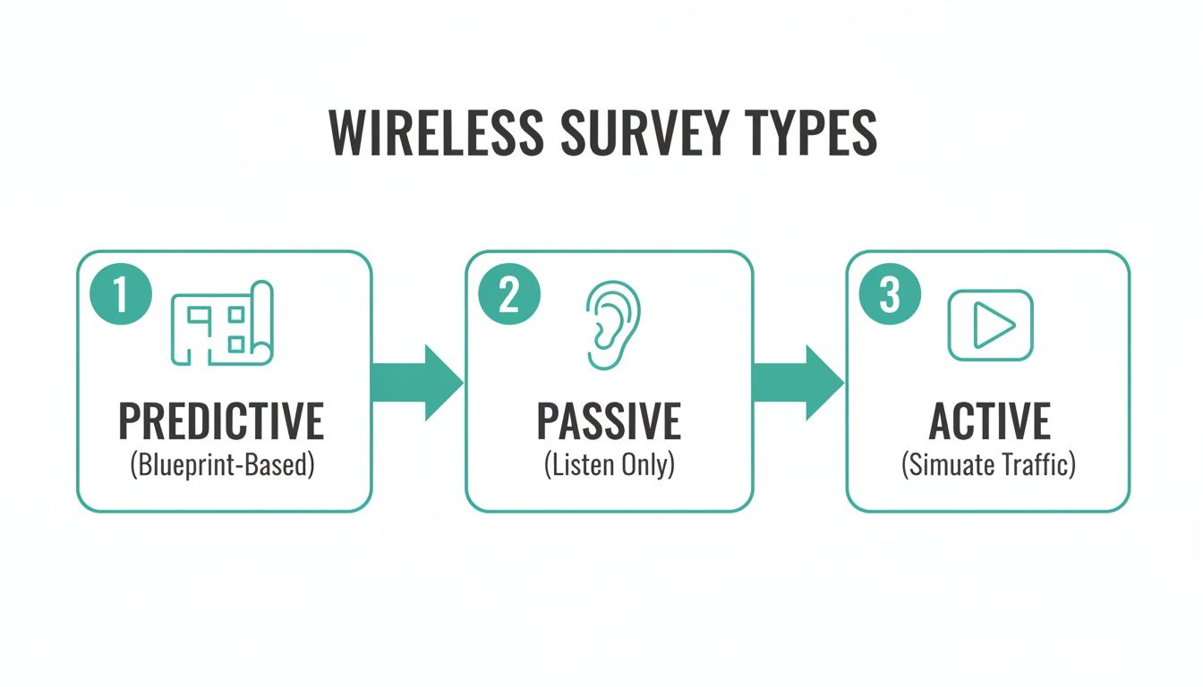 Flowchart showing three wireless survey types: predictive (blueprint-based), passive (listen only), and active (simulate traffic).