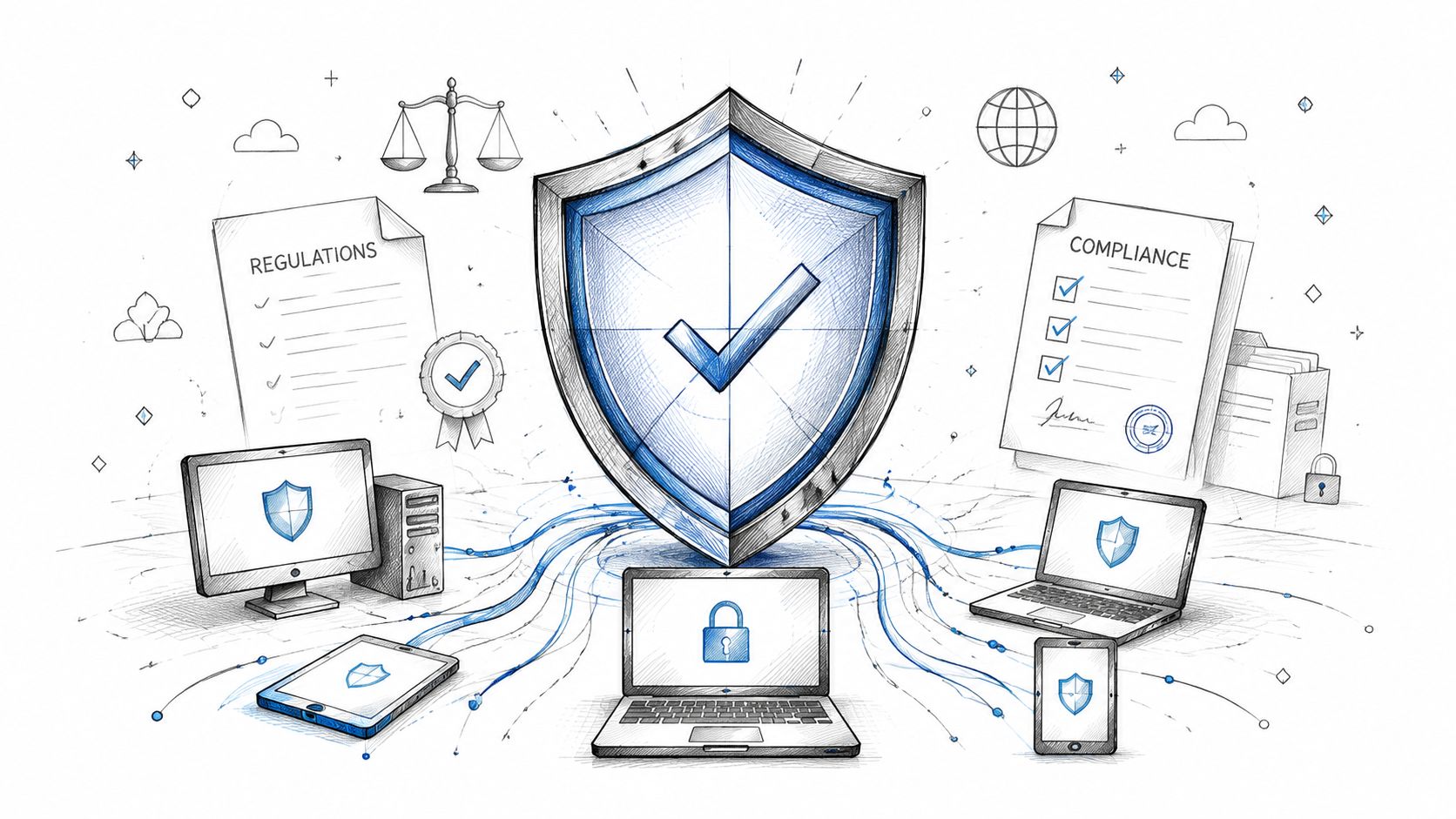 A conceptual illustration of cybersecurity protecting connected hardware devices, compliance documents, and regulatory standards.