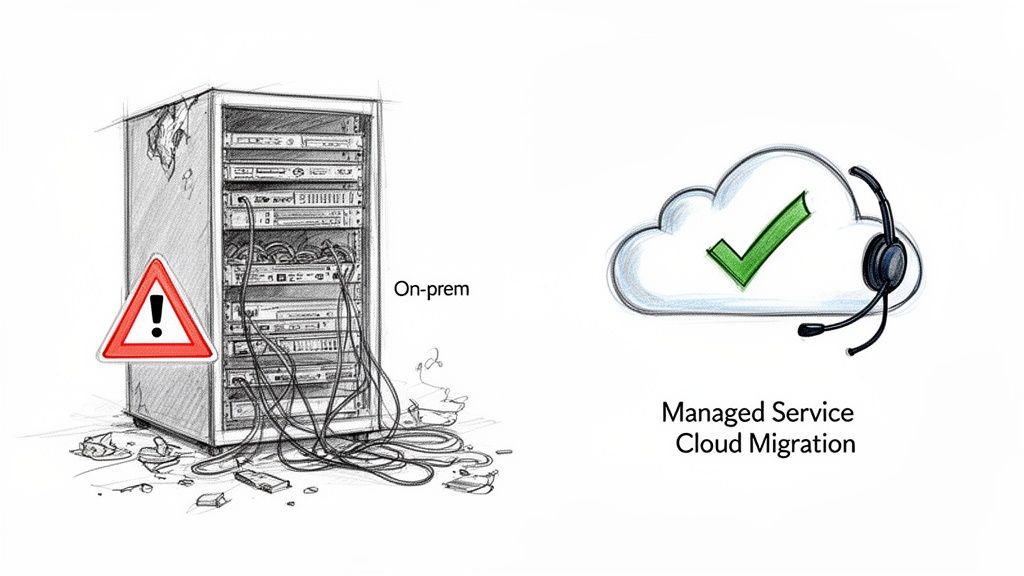 Damaged on-premise server with warning sign contrasted with successful managed cloud migration.