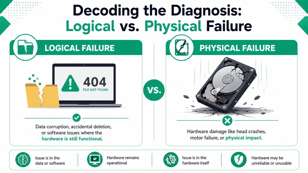 A comparison chart showing the difference between logical data failure and physical hardware storage failure.