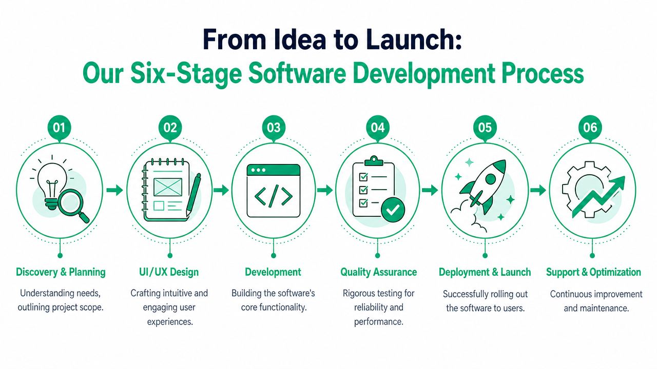 An infographic showing a six-stage software development process from initial discovery to support and optimization.