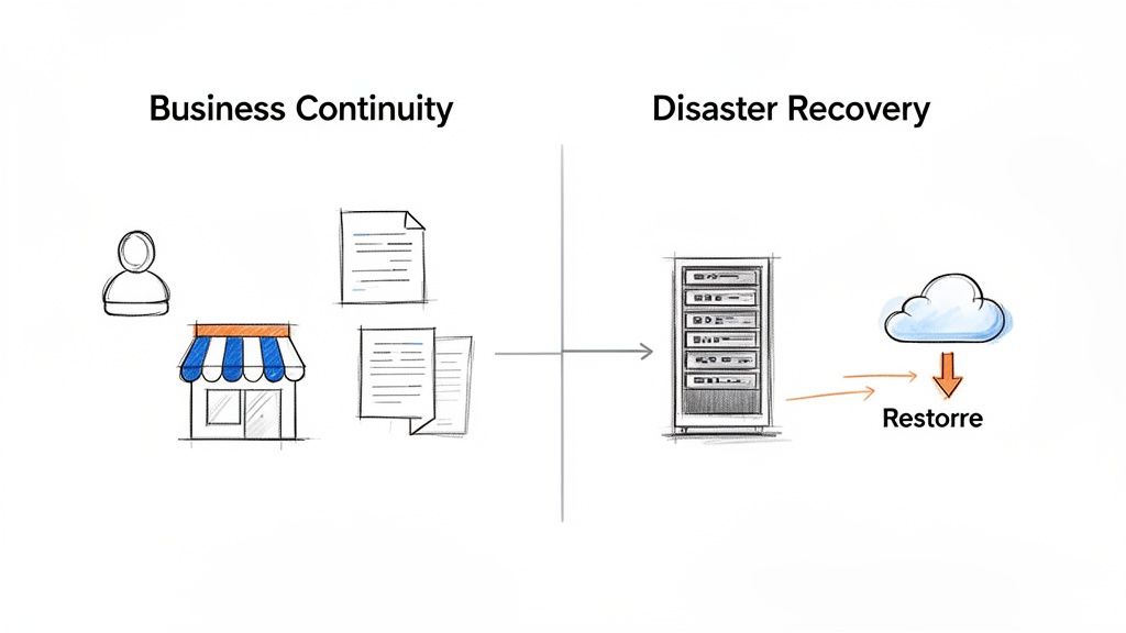 A diagram illustrating the concepts of Business Continuity with operational elements and Disaster Recovery with servers and cloud restore.