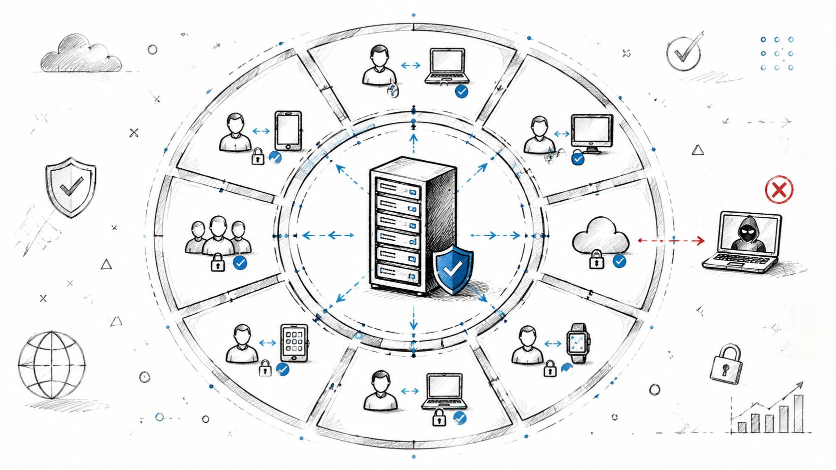 A diagram illustrating secure network connections between multiple user devices and a central protected server.