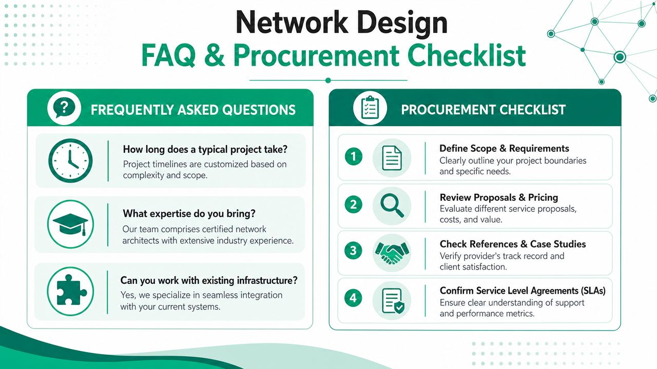 A visual guide for network design services including a frequently asked questions section and a procurement checklist.