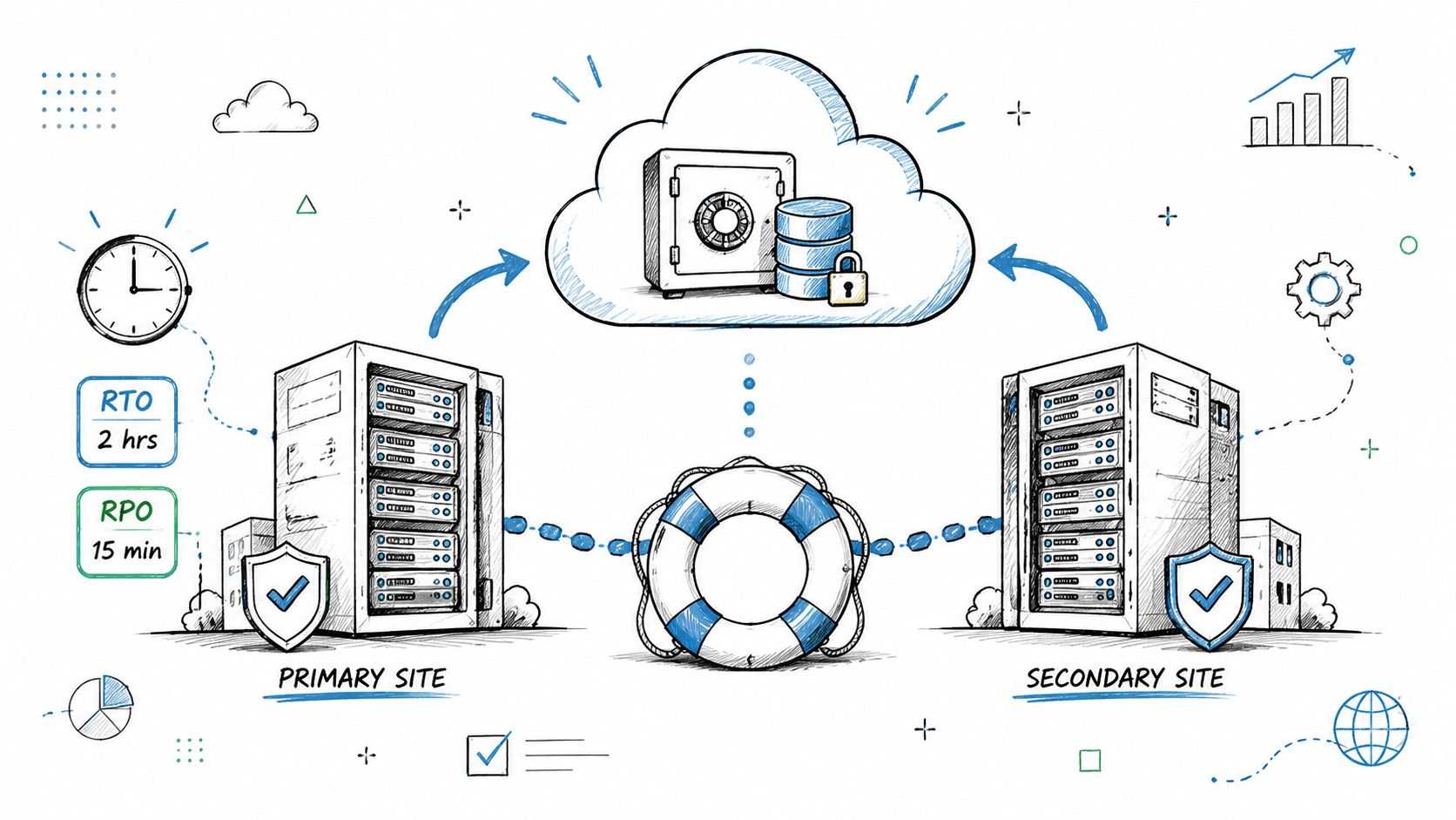 A hand-drawn illustration showing a disaster recovery architecture with primary and secondary sites connected to cloud storage.