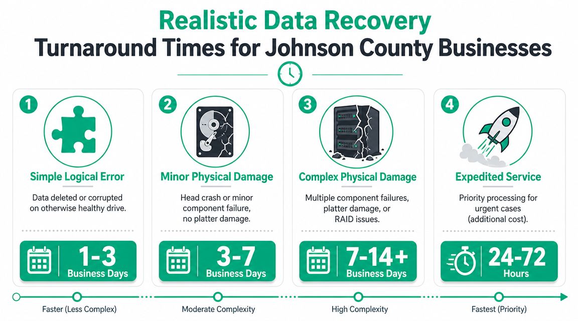 A chart showing turnaround times for professional data recovery services categorized by failure complexity and urgency.
