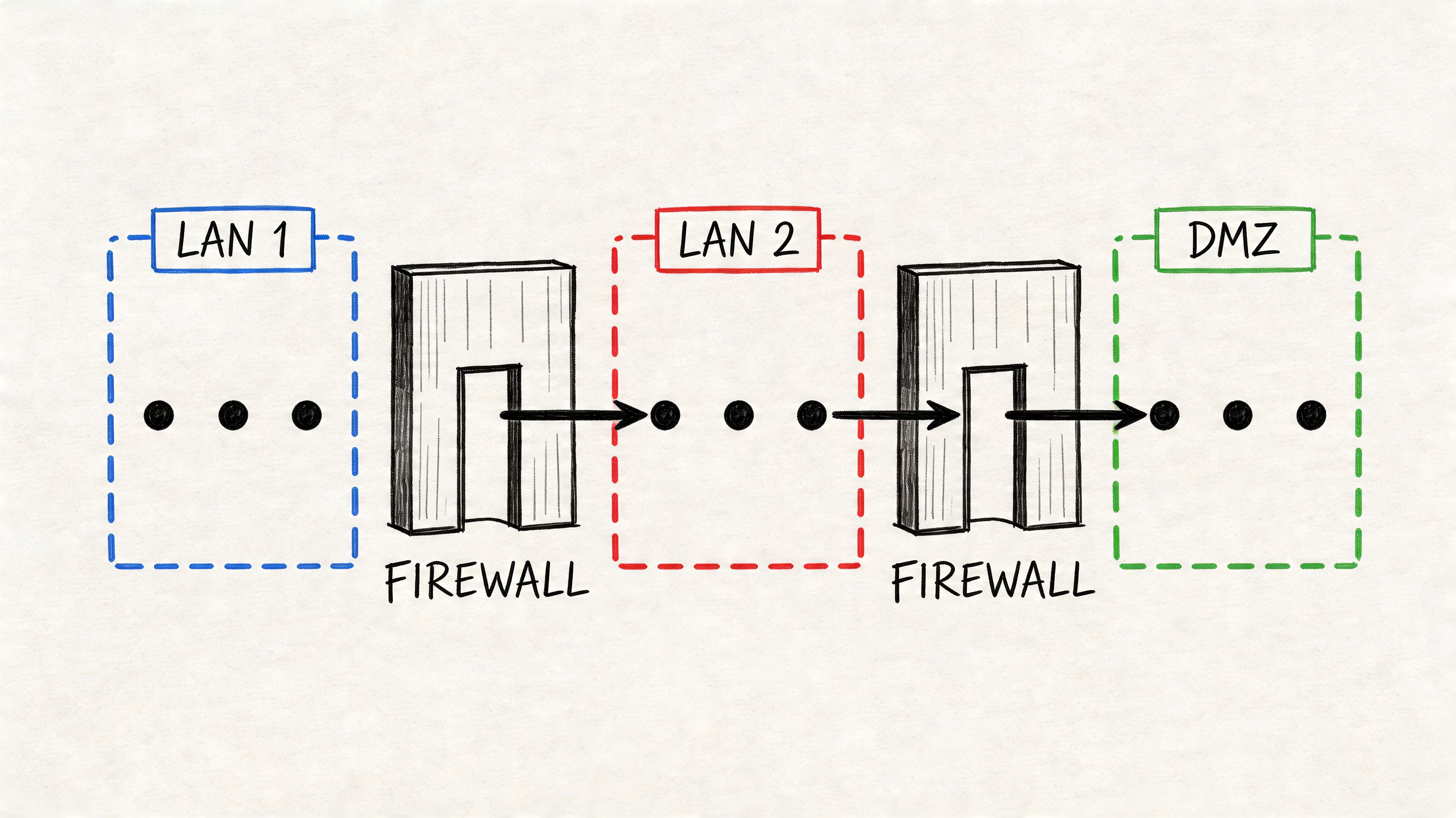 A diagram depicting network architecture with two firewalls separating LAN 1, LAN 2, and a DMZ.