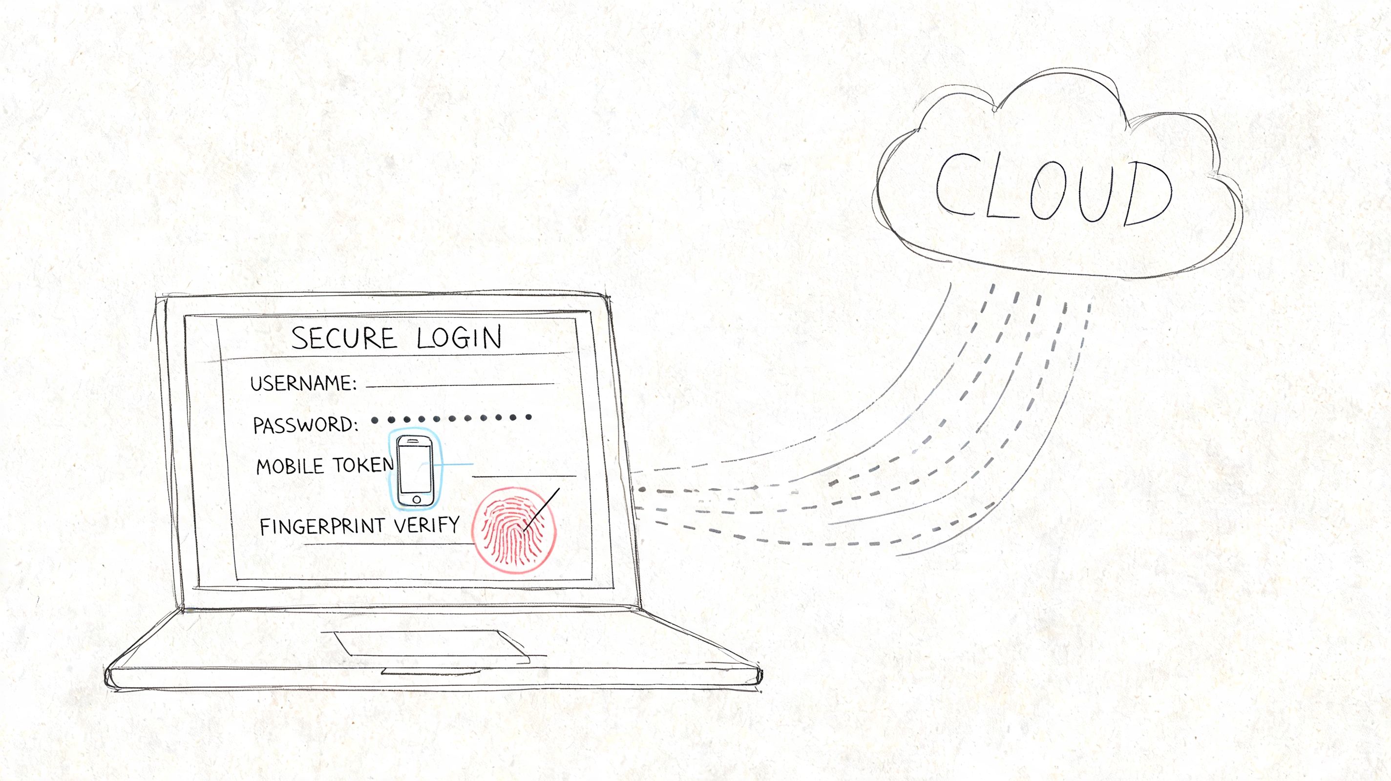A hand-drawn sketch showing a secure login process on a laptop connecting to the cloud.