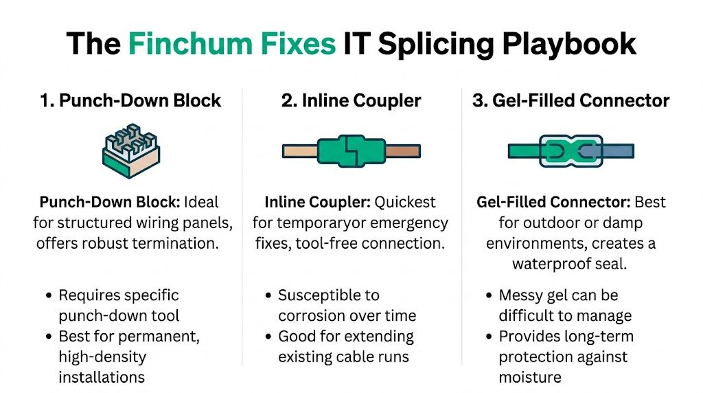 A guide illustrating three common IT cable splicing methods including punch-down blocks, inline couplers, and gel-filled connectors.