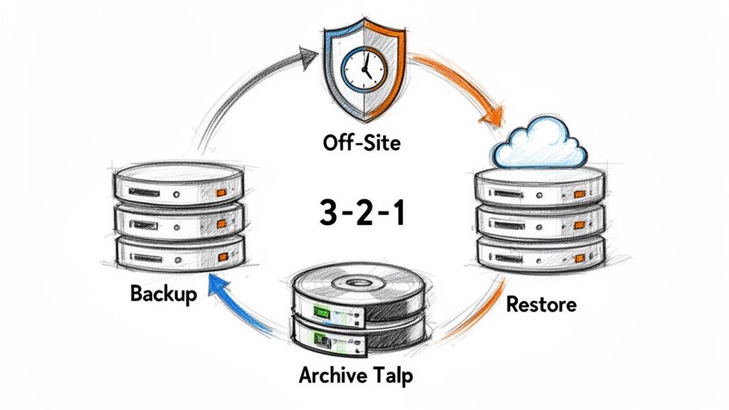 Diagram illustrating the 3-2-1 backup strategy with local, off-site, and archival storage.