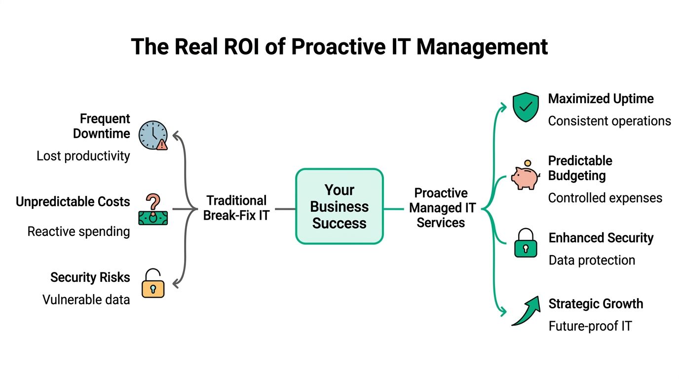 A comparison infographic showing how proactive managed IT services drive business success versus reactive traditional break-fix IT models.
