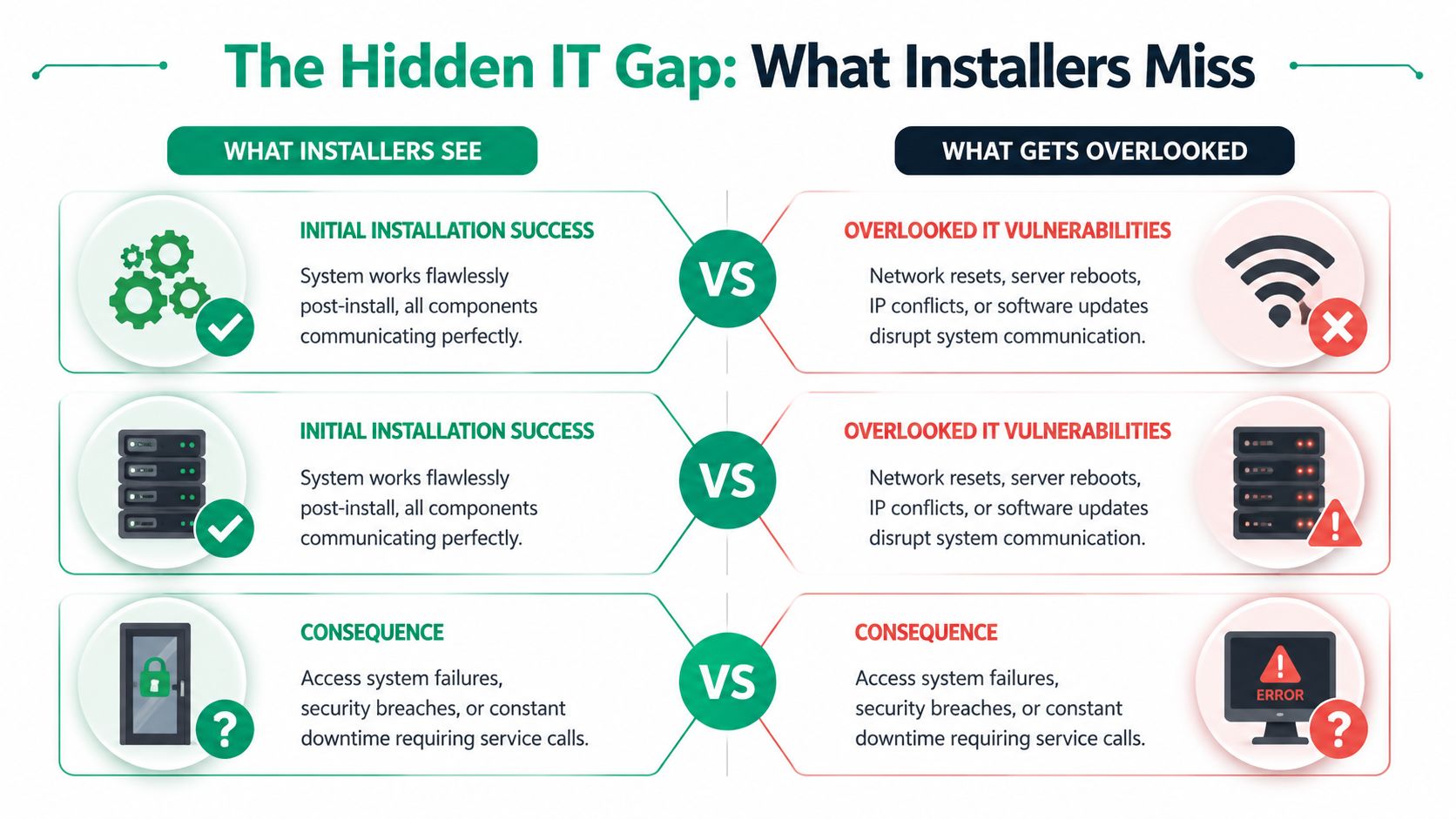 An infographic showing the gap between initial IT installation success and overlooked long-term system vulnerabilities.