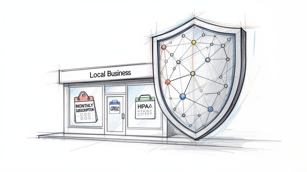 A sketch illustrating a local business storefront protected by a large shield with a network of connections.