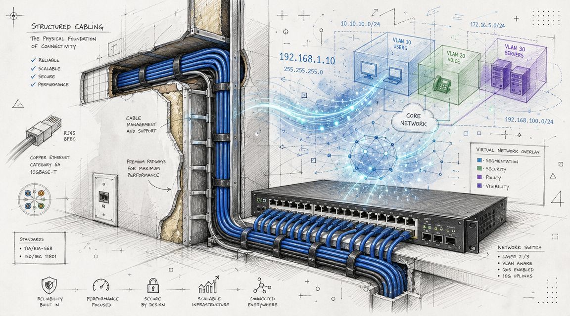 A detailed technical illustration showing structured cabling, network switch, and virtual network overlays for business connectivity.